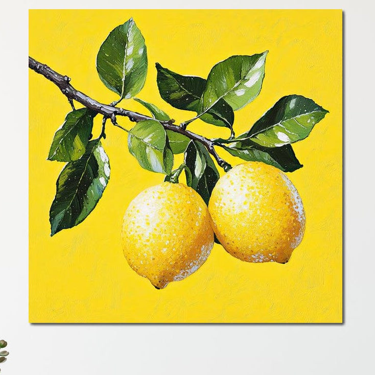 tablou canvas cu doua lamai pe o crenguta cu frunze verzi, pe fundal galben intens