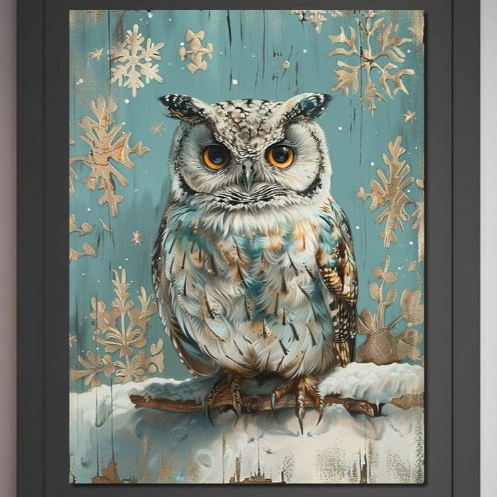 tablou canvas cu o bufnita alba pe o creanga, in decor de iarna cu fulgi de zapada