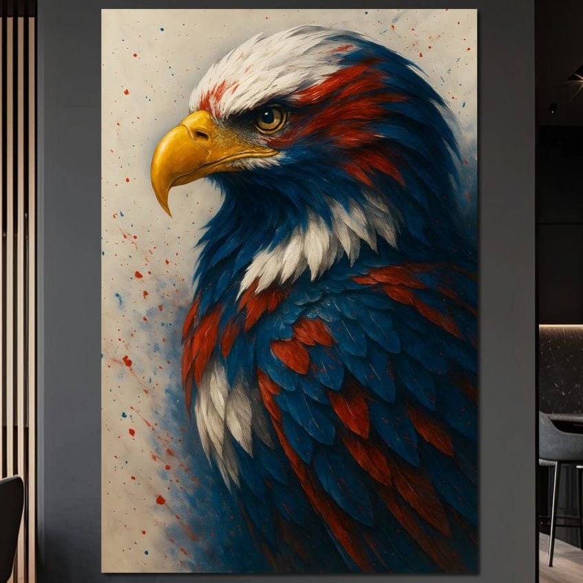 tablou canvas cu un vultur colorat in nuante de rosu, albastru si alb