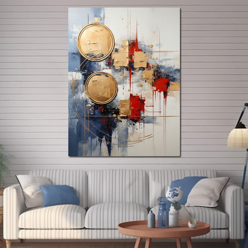 Tablou Canvas Premium, LuxCanva® J1018, Alchimie Geometrica,  Arta, Abstracta, Cercuri, Auriu, 3D, Orbita, Cobalt, Simbolism, Design, Decoratiune, Magie, Living, Dormitor