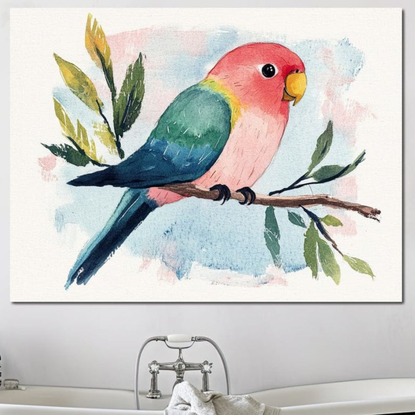 tablou canvas cu un papagal mic si colorat pe o ramura, pe fundal pastelat stil acuarela