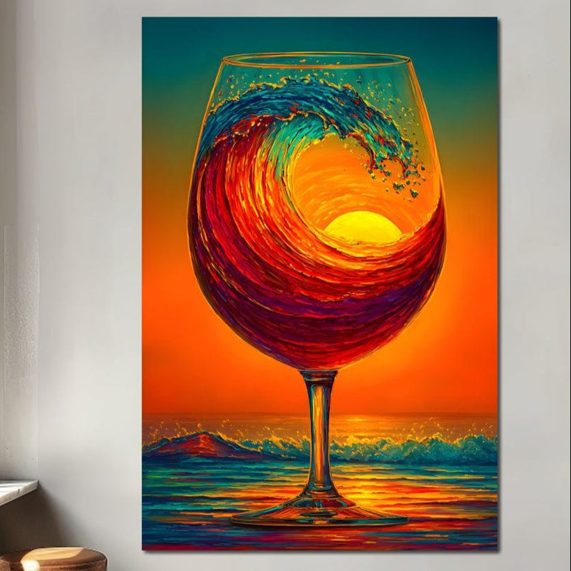 tablou canvas cu un pahar de vin rosu in valuri, pe o plaja la apus de soare