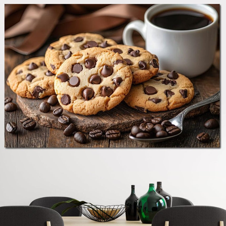 tablou canvas cu prajituri americane cu bucati de ciocolata, o cafea espresso si o lingura plina cu boabe de cafea proaspete, pe un suport de lemn