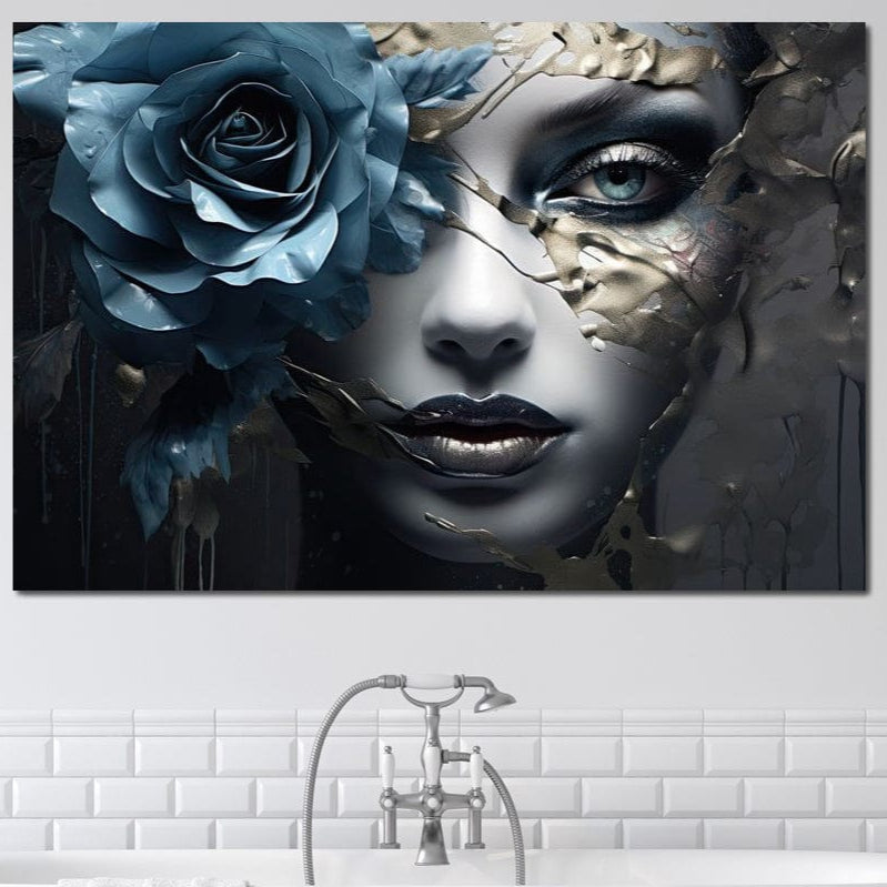 Tablou Canvas Premium, LuxCanva® G1202, Chip in Reconstructie, Cicatrici, Auriu, Albastru, Trandafir, Chip, Metamorfoza, Imposibil, Fisura, Poezie, Emotie, Gotic, Birou, Living, Dormitor