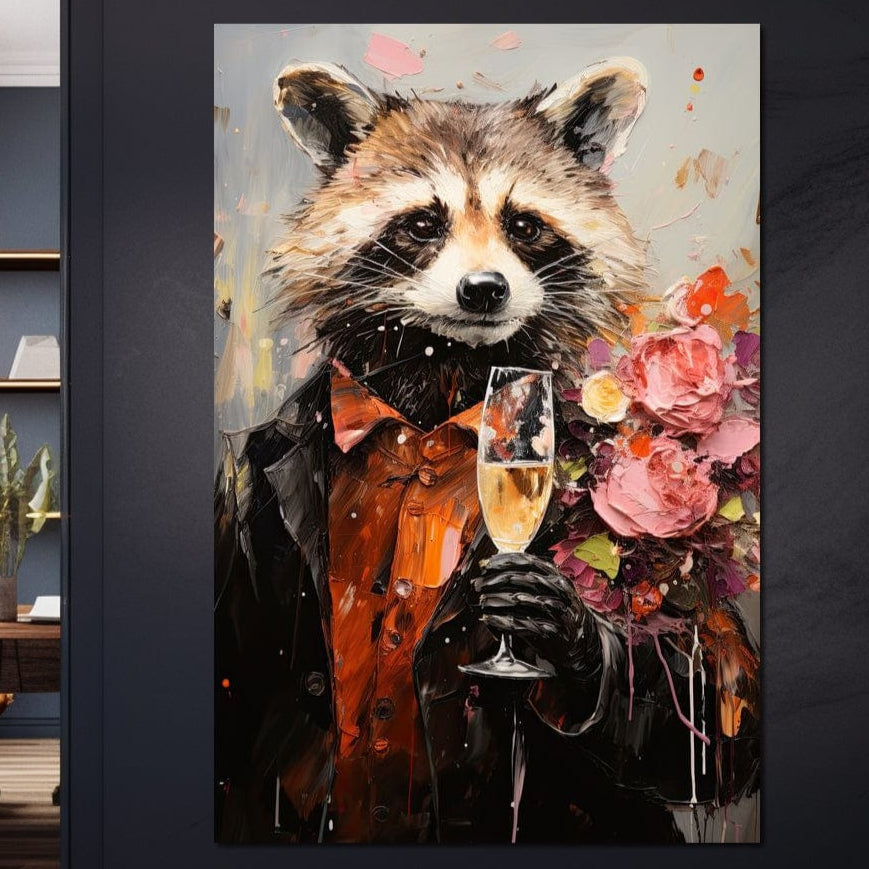 tablou canvas cu un raton imbracat in costum elegant, cu un pahar de sampanie si un buchet de flori pe umar, pe fundal abstract