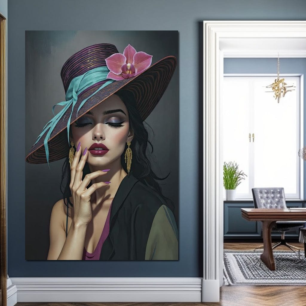 Tablou Canvas Premium, LuxCanva® G1214, Femeia Contemplativa, Lady, Palarie, Eleganta, Floare, Orhidee, Retro, Rafinament, Gratie, Divin, Vis, Privire, Catifea, Zeita, Salon, Birou, Living, Dormitor