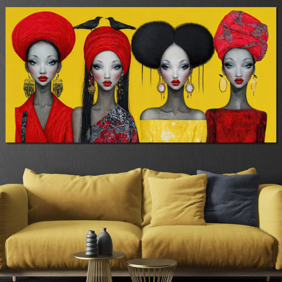 Tablou Canvas Premium, LuxCanva® G1135, Patru Regine si un Cantec, Regalitate, Femei, Pasari, Turbane, Zbor, Traditie, Cultura, Identitate, Feminism, Forta, Birou, Living