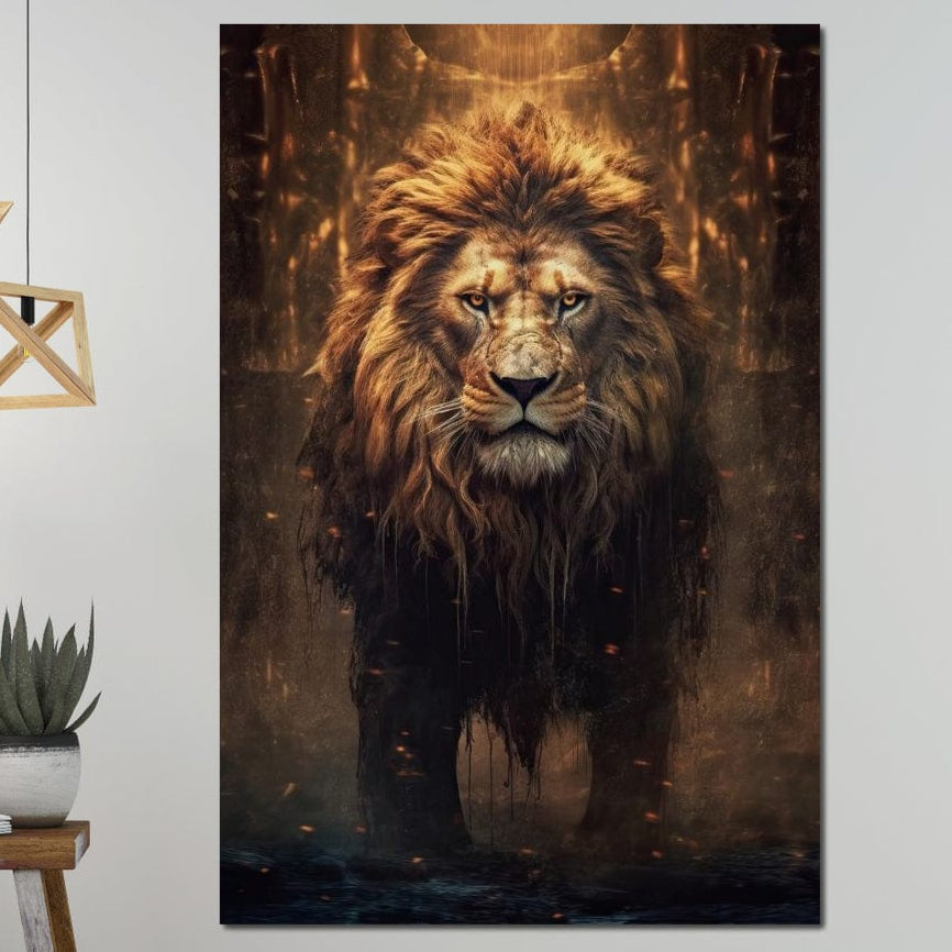 tablou canvas cu un leu impunator, redat in tonuri aurii si lumini dramatice