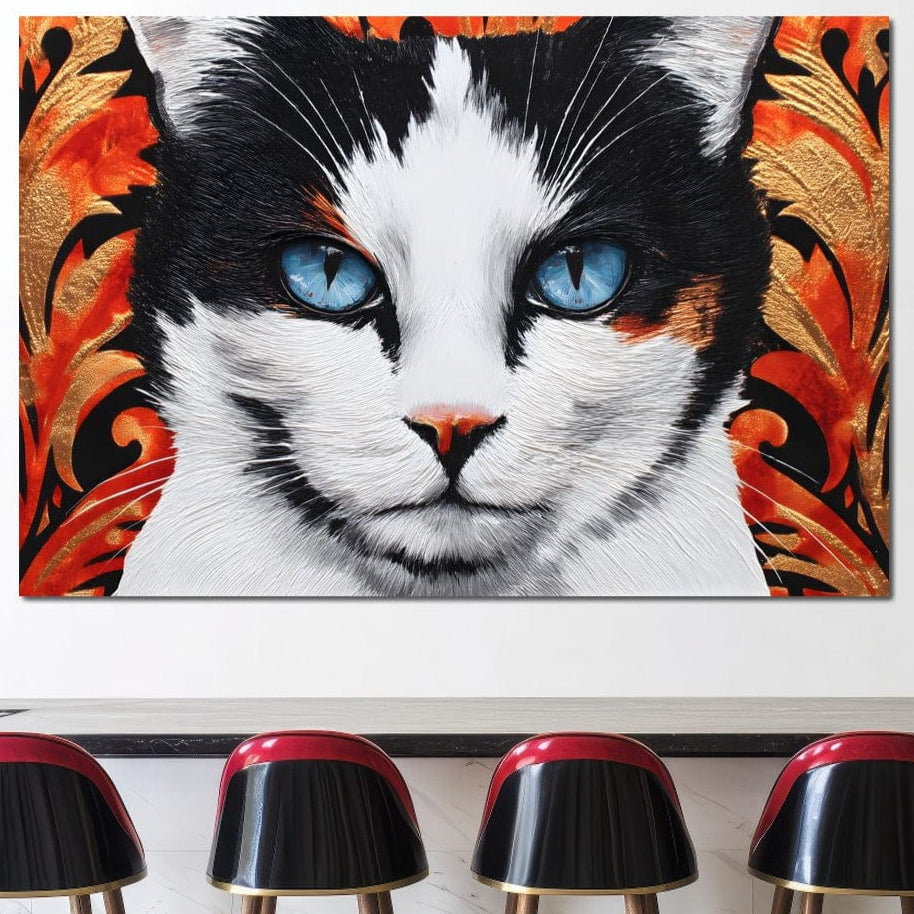 tablou canvas cu un chip de pisica alb si negru, cu ochi albastri pe fundal ornamental abstract cu accente aurii si rosii
