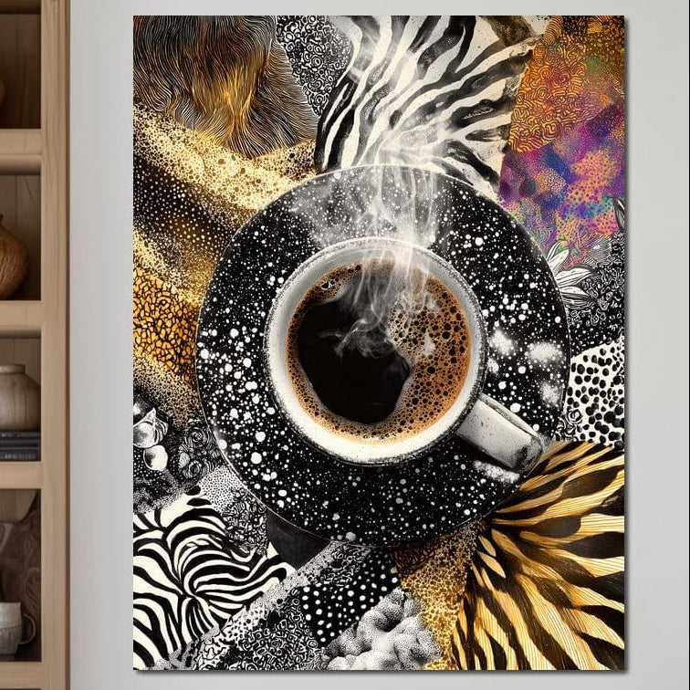 tablou canvas cu o cafea espresso fierbinte, cu aburi, pe fundal cu diverse forme de animal print