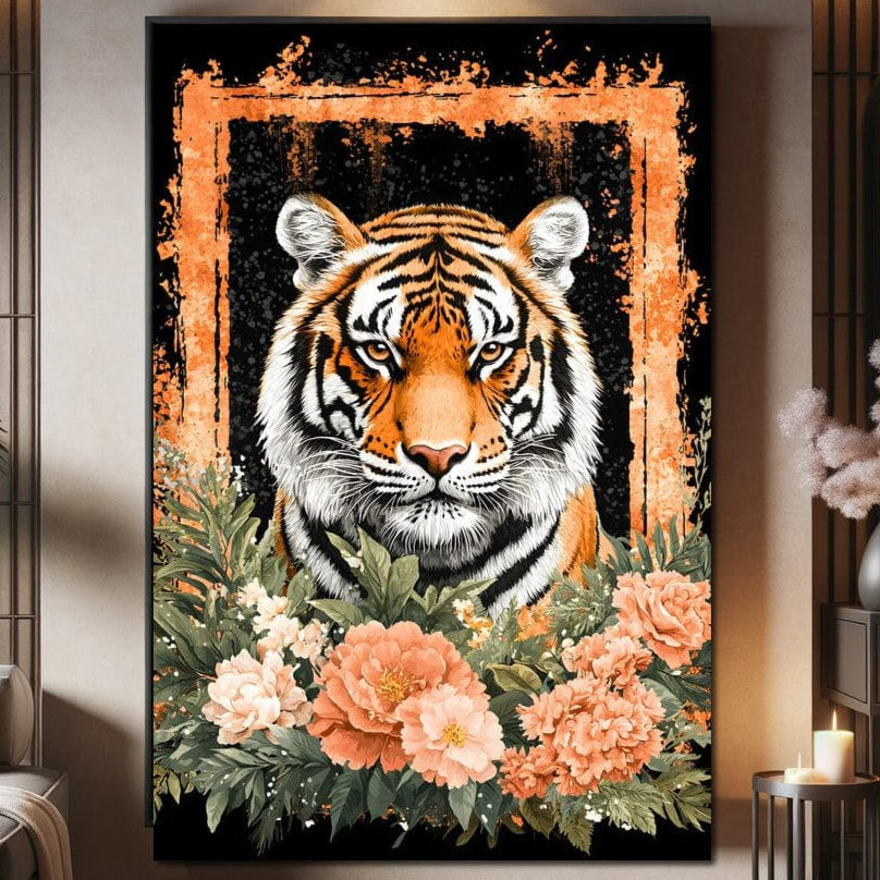 tablou canvas cu un tigru intr-un cadru portocaliu si fundal negru, inconjurat de flori de gradina