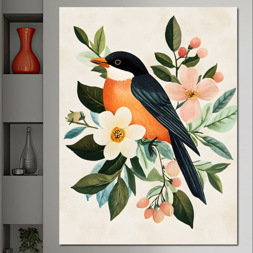 tablou canvas cu o pasare cu penaj portocaliu si negru, asezata printre flori roz si albe pe fundal luminos