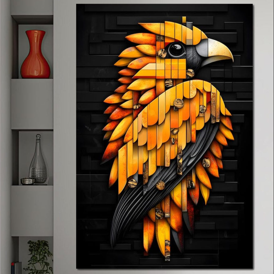 tablou canvas cu un papagal stilizat in forme geometrice, in nuante de galben si portocaliu pe fundal negru