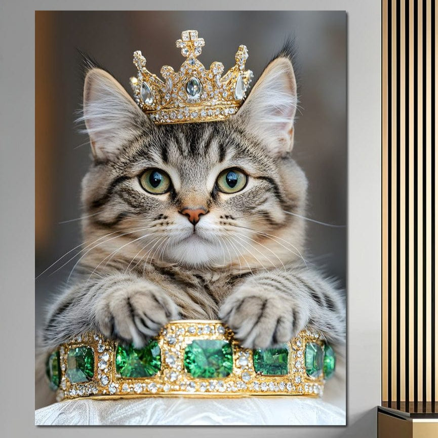 tablou canvas cu un motan cu coroana de aur decorata cu pietre pretioase, sprijnit gratios pe o tiara cu smaralde