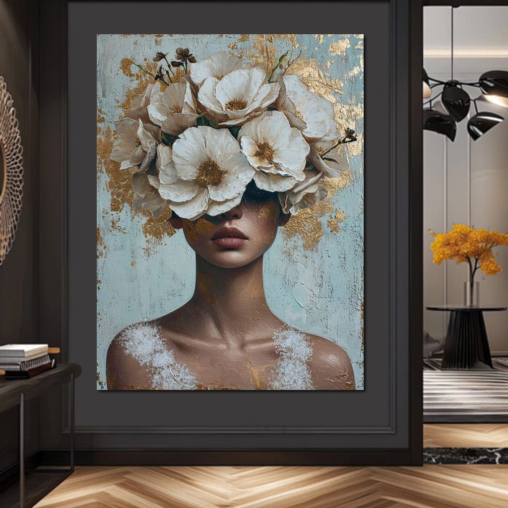 Tablou Canvas Premium LuxCanva® G1000, Ganduri Inflorite ,  Flori, Frumusete, Alb, Auriu, Petale, Estetica, Portret, Living, Dormitor, Culori vibrante