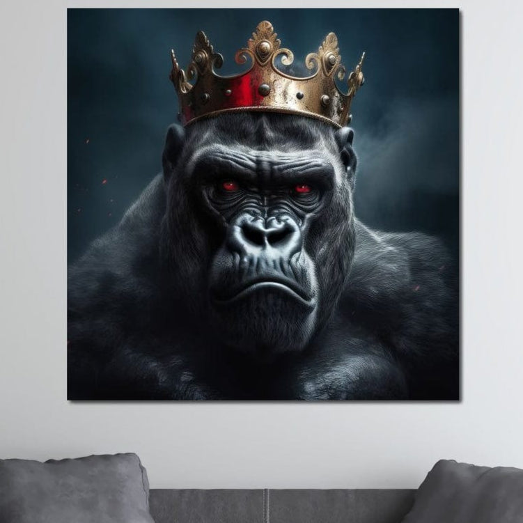 tablou canvas cu o gorila cu ochii rosii, purtand o coroana de aur pe cap, pe fundal intunecat si incetosat