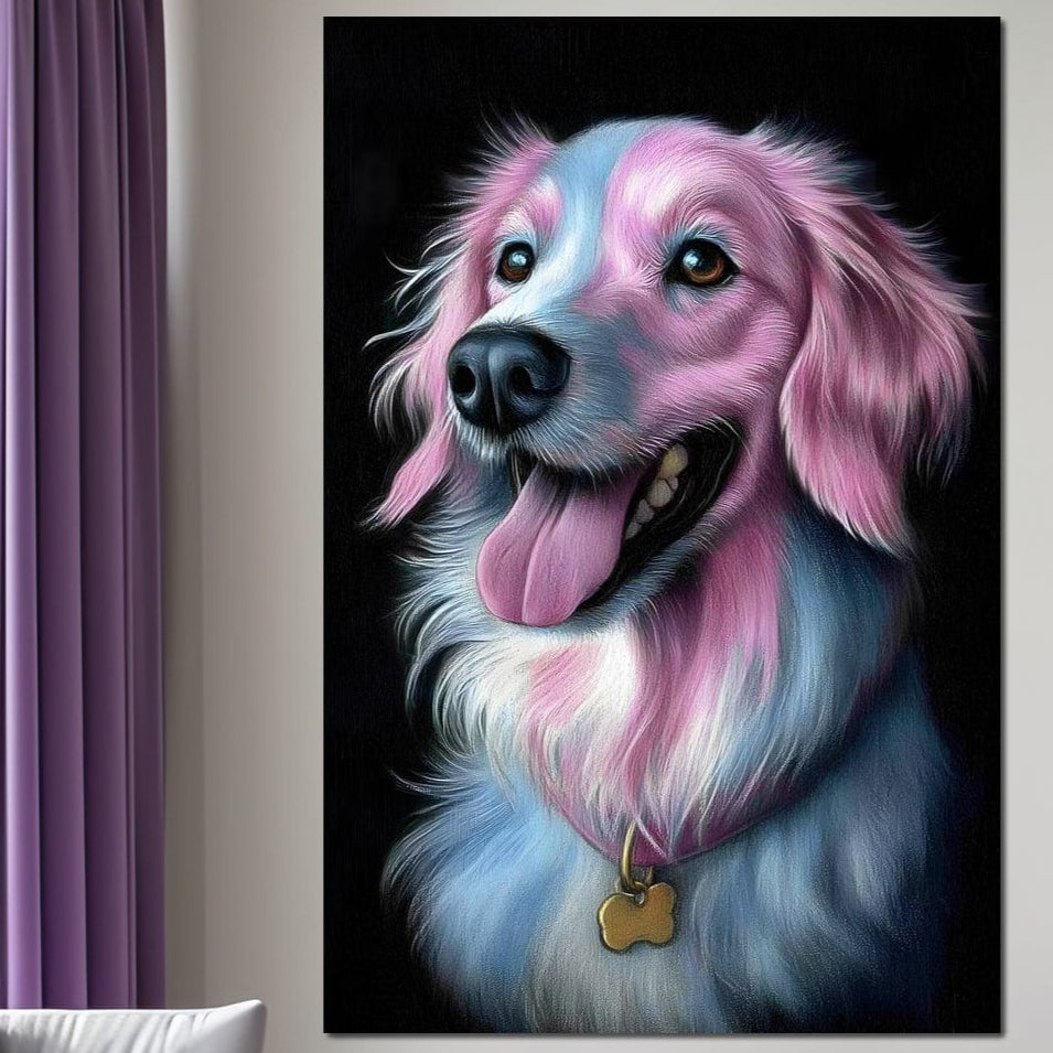 tablou canvas cu un labrador cu blanita in nuante de roz si albastru pastelat, purtand o zgarda aurie pe fundal inchis