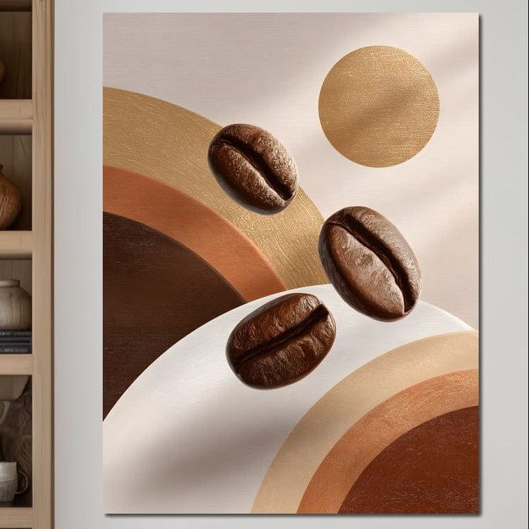 tablou canvas cu trei boabe de cafea, pe fundal abstract in nuante calde de maro, auriu si bronz