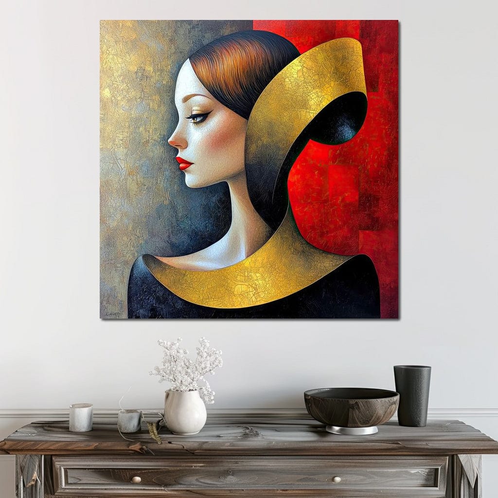 Tablou Canvas Premium, LuxCanva® G1123, Tacerea Geometrica, Femeie, Profil, Aur, Rosu, Arta, Expozitie, Abstract, Geometrie, Tacere, Living, Dormitor