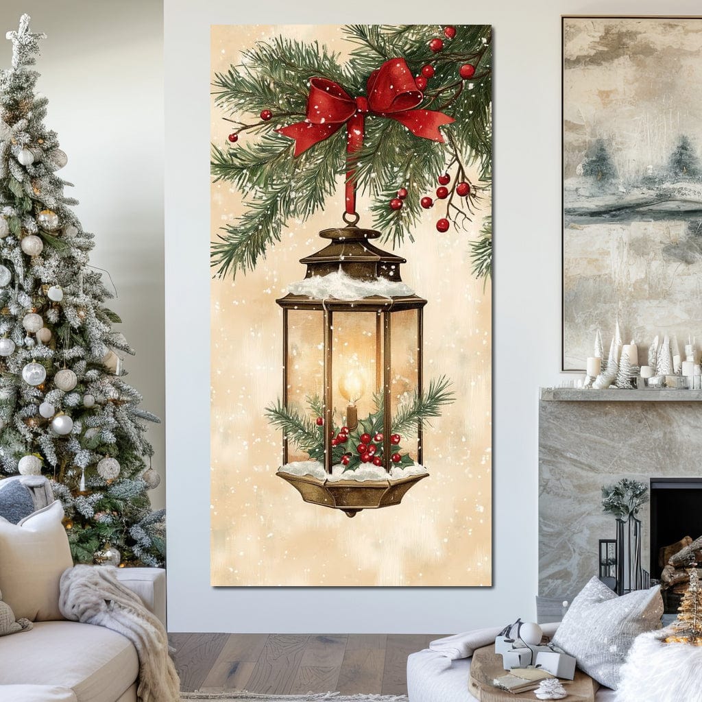 Tablou Canvas Premium LuxCanva® D1059, Felinarul Impodobit , Felinar, Brad, Lumina, Auriu, Casa, Zapada, Living Room, Culori vibrante