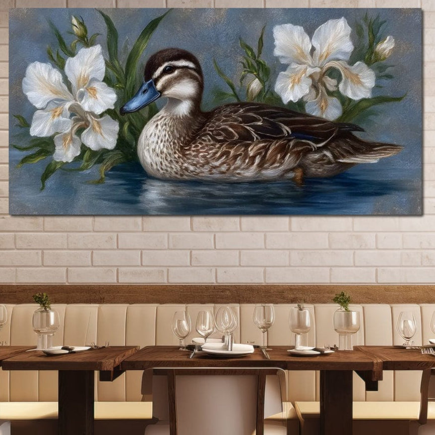 tablou canvas cu o rata bruna plutind pe apa, inconjurata de irisi albi pe fundal texturat in stil pictura 