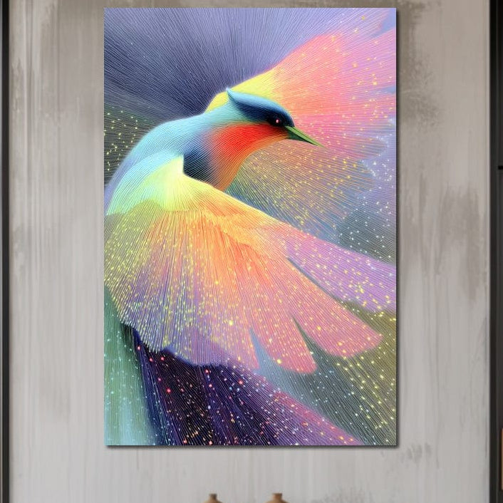 tablou canvas cu o pasare mistica, cu aripile deschise in zbor, in culori pastelate si vibrante cu sclipiri aurii