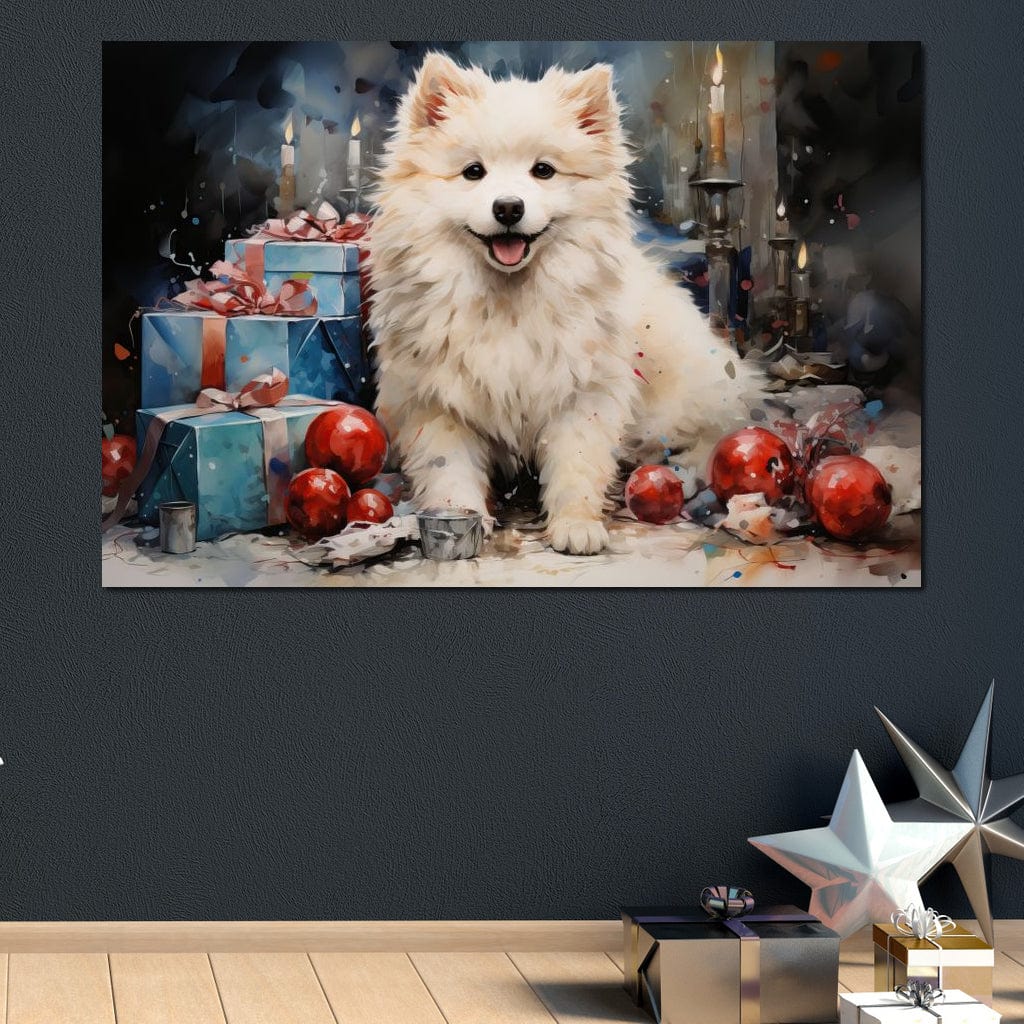 Tablou Canvas Premium, LuxCanva® D1033, Blanosul Samoyed printre Globuri , Patruped, Blana, Rosu, Globuri, Lumanari, Living Room, Culori vibrante