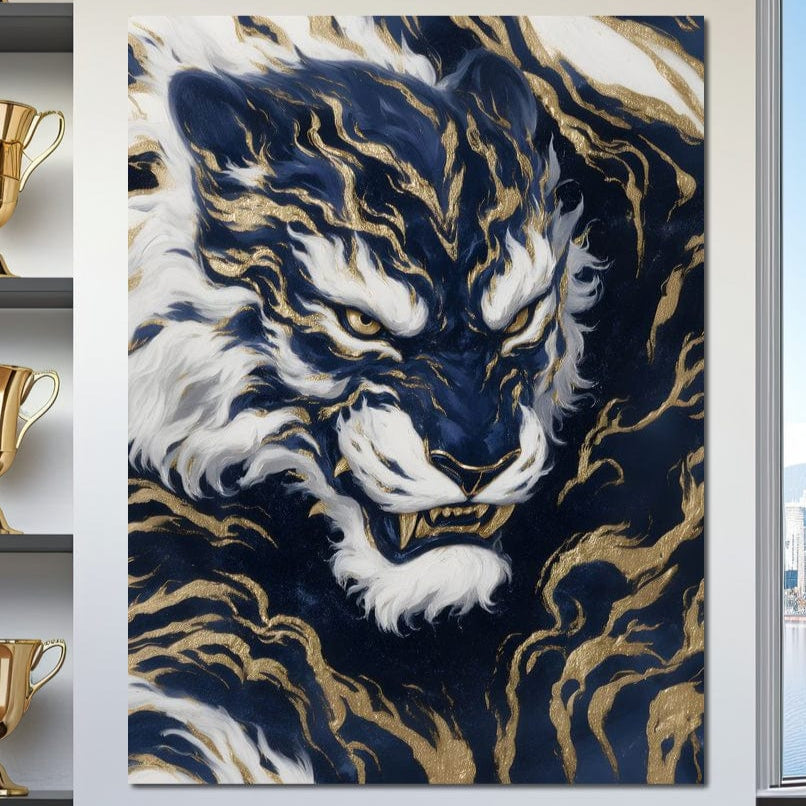 tablou canvas cu un tigru pictat in nuante de albastru roial, auriu si alb intr-o forma abstracta stil marmura