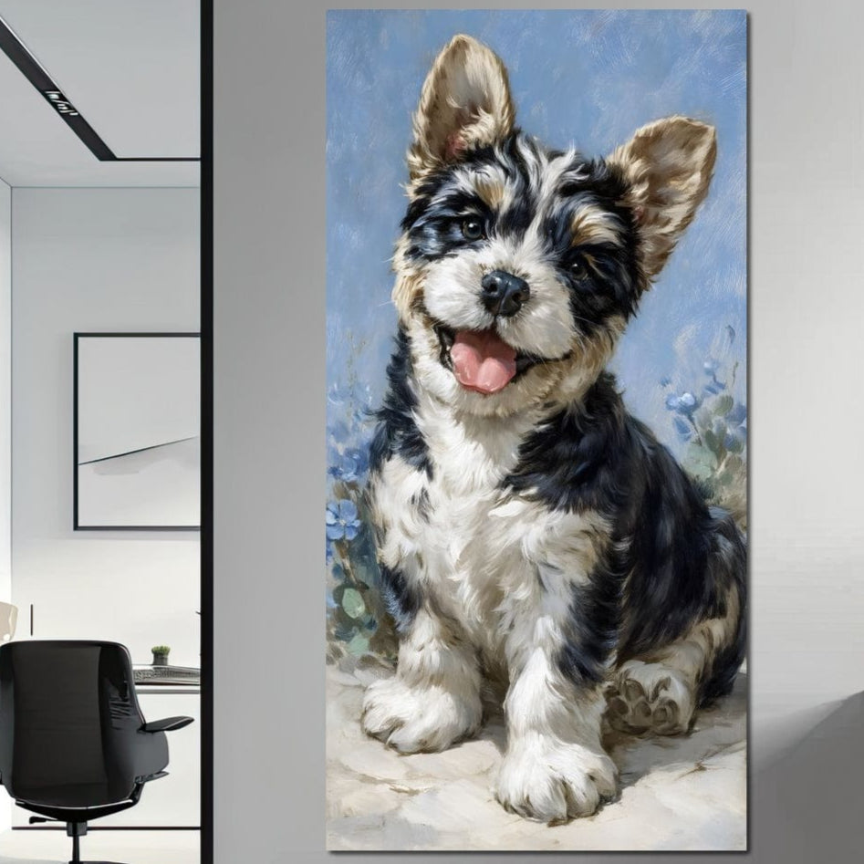 tablou canvas cu un catel zambitor, pictat realist in tonuri de alb si negru, pe fundal albastru deschis cu detalii florale