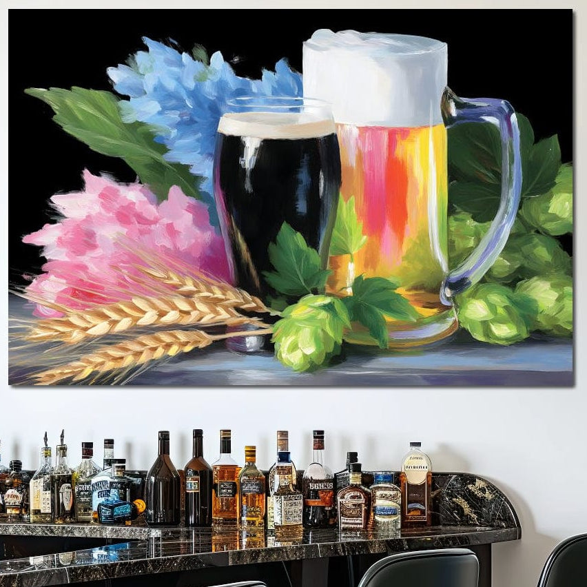 LuxCanva® Tablou Canvas Premium N1140, "Elixir de Vara", pictura cu halbe de bere cu spumă, hamei și grâu, aduce un aer boem barului sau bucătăriei tale, fiind perfectă pentru puburi, restaurante și lounge-uri.