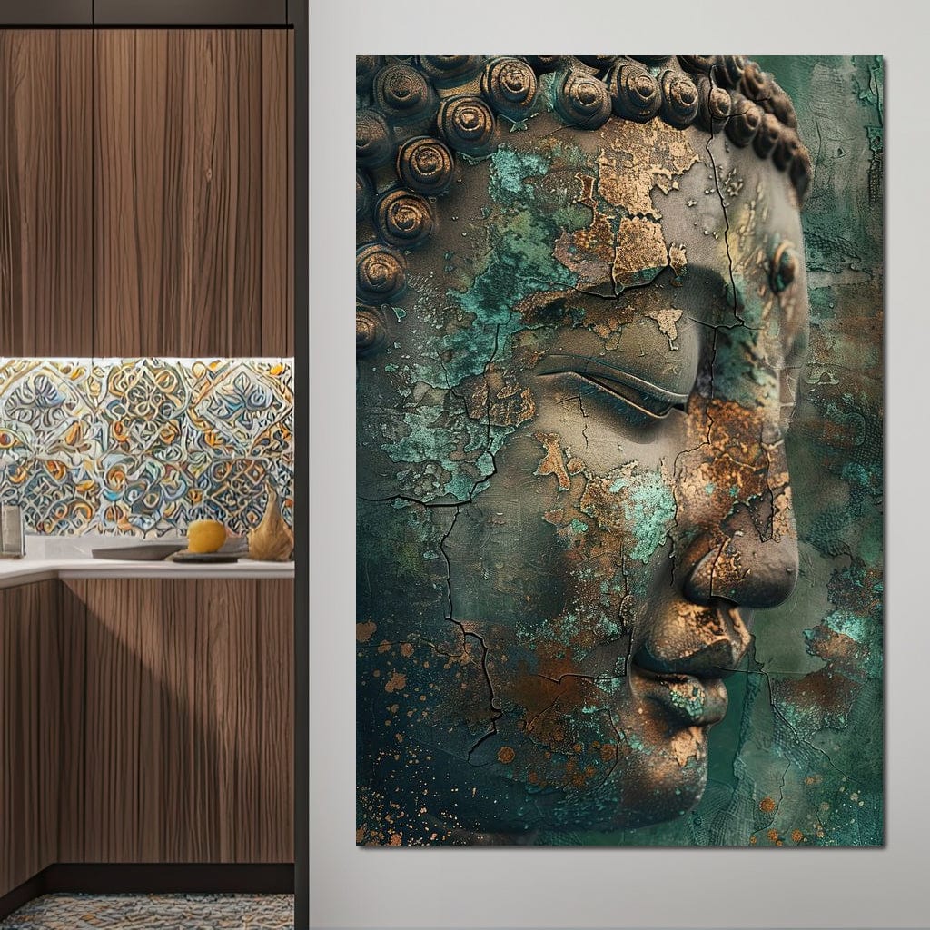 Tablou Canvas Premium LuxCanva® I133, Reflectie in Ruina, Buddha, Zen, Meditatie, Profil, Renastere, Transformare, Contemplare, Calm Profund, Crapaturi, Living, Dormitor