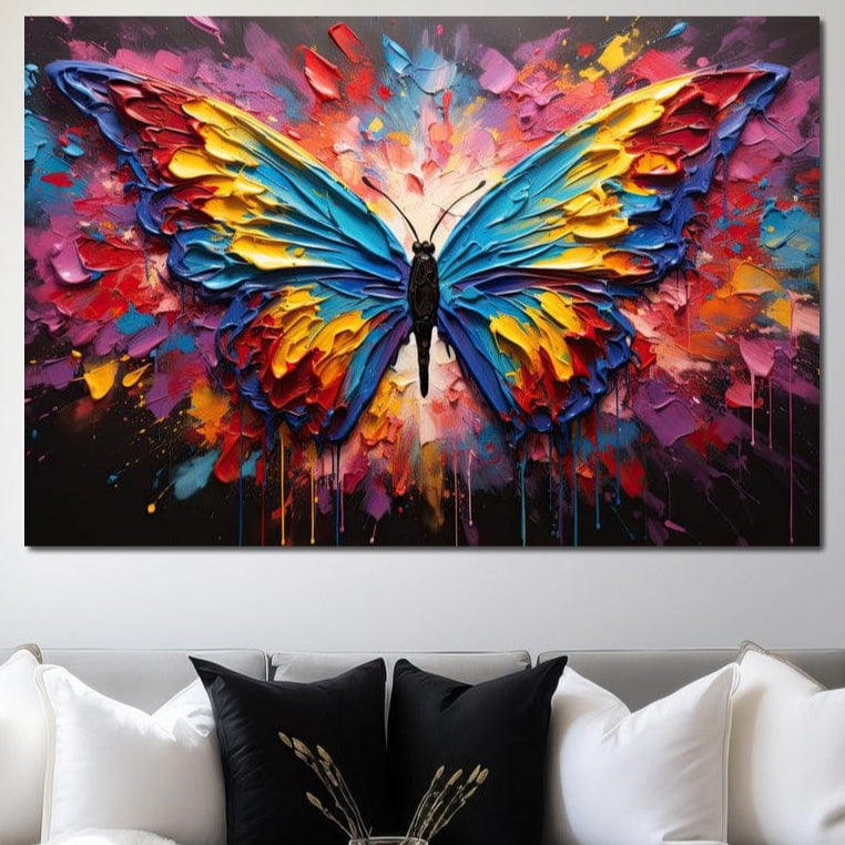 tablou canvas cu un fluture multicolor in explozie de culori vibrante, in stil pictura