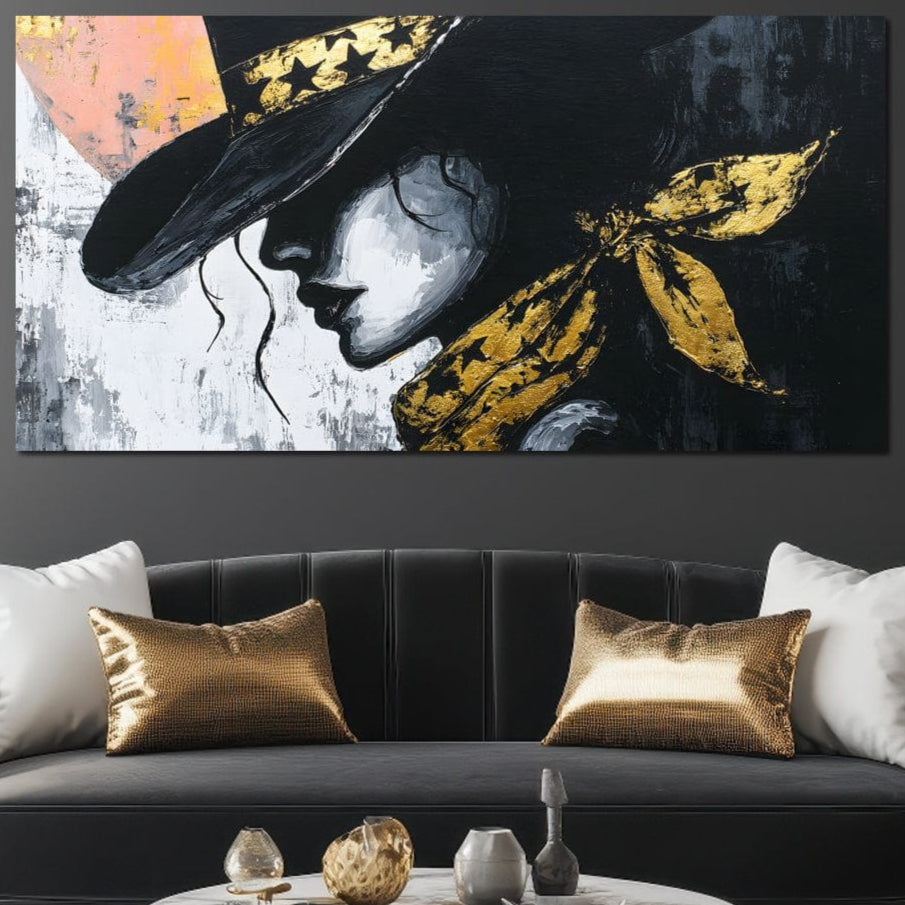 Tablou Canvas Premium, LuxCanva® G1194, Femeia cu Palarie Stelara, Auriu, Negru, Enigma, Stele, Glamour, Western, Esarfa, Abis, Ecou, Nocturna, Frumusete, Birou, Living, Dormitor