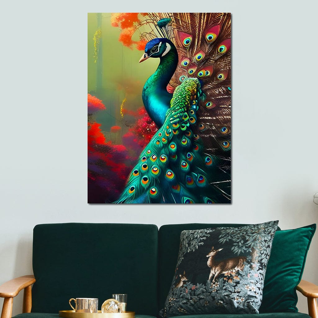 tablou canvas cu un paun in culori vii si fundal de poveste