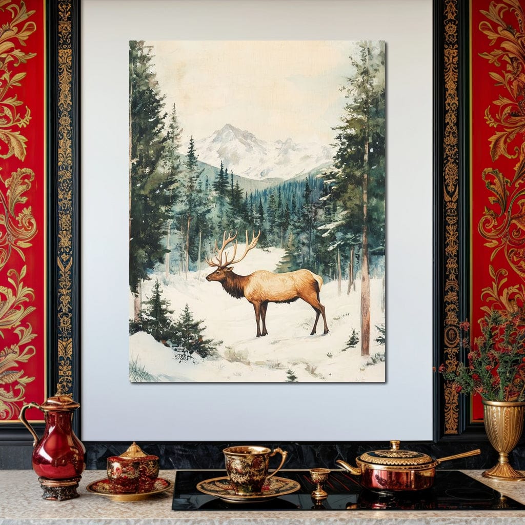 Tablou Canvas Premium LuxCanva® D1050, Cerbul din Muntii Inzapeziti , Cerb, Brazi, Munti, Natura, Zapada, Padure, Living Room, Culori vibrante