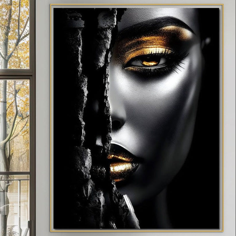 Tablou Canvas Premium, LuxCanva® G1172, Femeia din Abis, Aur, Umbra, Intunecat, Zeitate, Regina, Obscur, Alchimie, Suflet, Ochi, Masca, Tacere, Divinitate, Fashion, Arta, Birou, Living, Dormitor