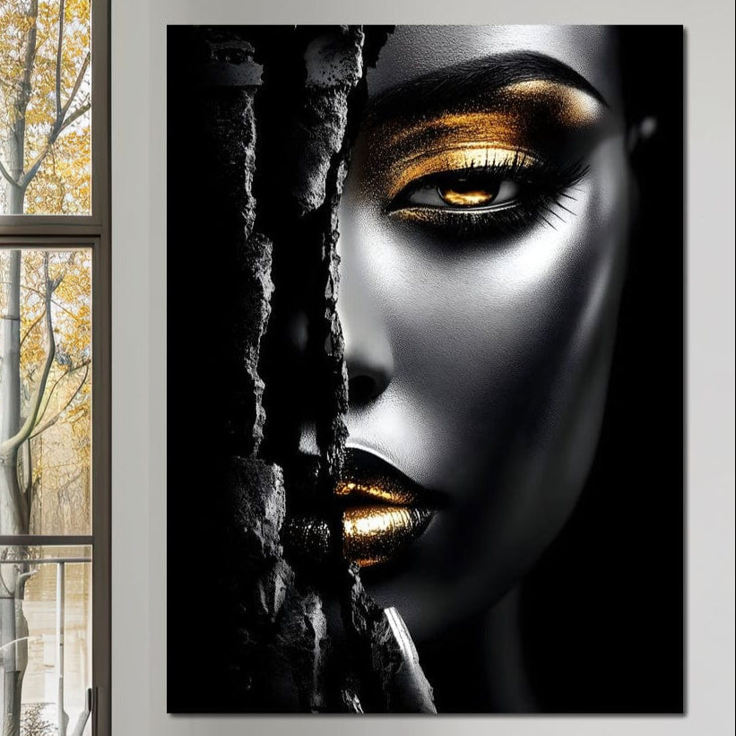 Tablou Canvas Premium, LuxCanva® G1172, Femeia din Abis, Aur, Umbra, Intunecat, Zeitate, Regina, Obscur, Alchimie, Suflet, Ochi, Masca, Tacere, Divinitate, Fashion, Arta, Birou, Living, Dormitor