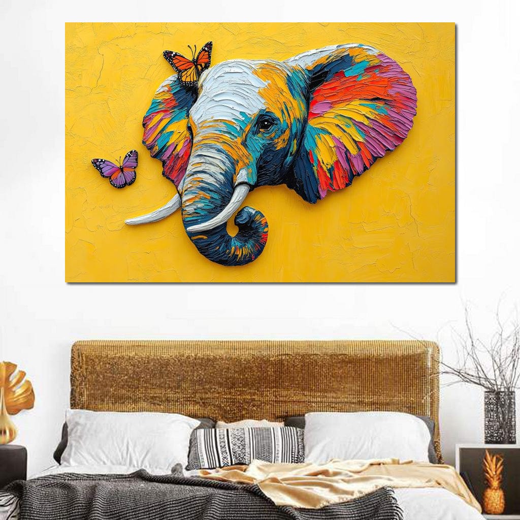 Tablou Canvas Premium, LuxCanva® M1311, Reverie Exotica, Pictura, Elefant, Fluturi, Aripi, Cromatic, Vesel, Portret, Profil, Texturat, Culori Vibrante, Birou, Living, Camera Copil
