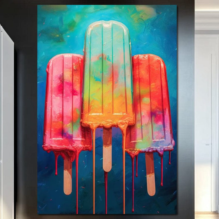 tablou canvas cu trei inghetate multicolore, topite pe un fundal abstract in nuante de albastru