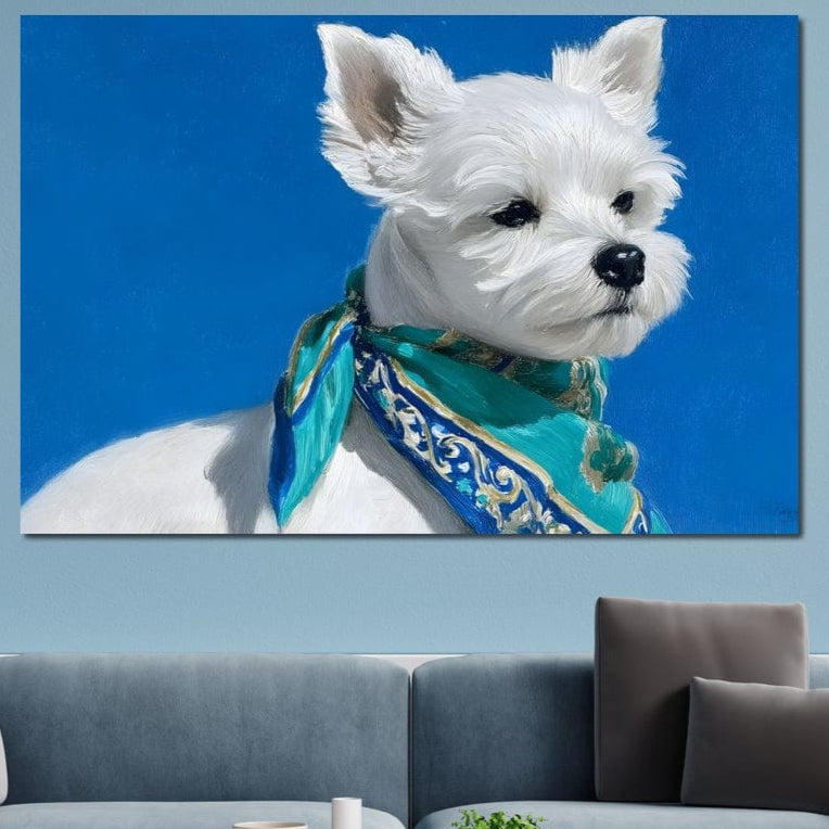 tablou canvas cu un caine alb cu esarfa turcoaz eleganta, surprins din profil pe fundal albastru deschis
