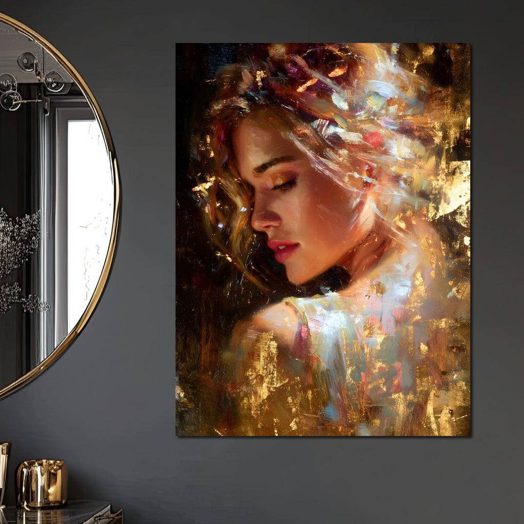 Tablou Canvas Premium, LuxCanva® G1155, In Bratele Soarelui, Visare, Fata, Zeita, Auriu, Gratie, Tacere, Stralucire, Freamat, Sclipiri, Rasarit, Mister, Rafinament, Birou, Living, Dormitor