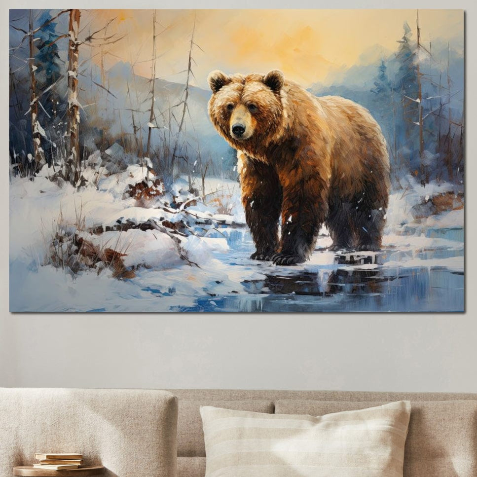 tablou canvas cu un urs intr-un peisaj montan de iarna