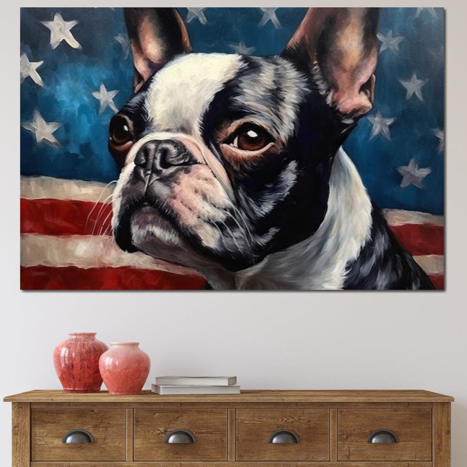 tablou canvas cu un caine boston terrier surprins din profil, pe fundal pictat cu steagul Americii 