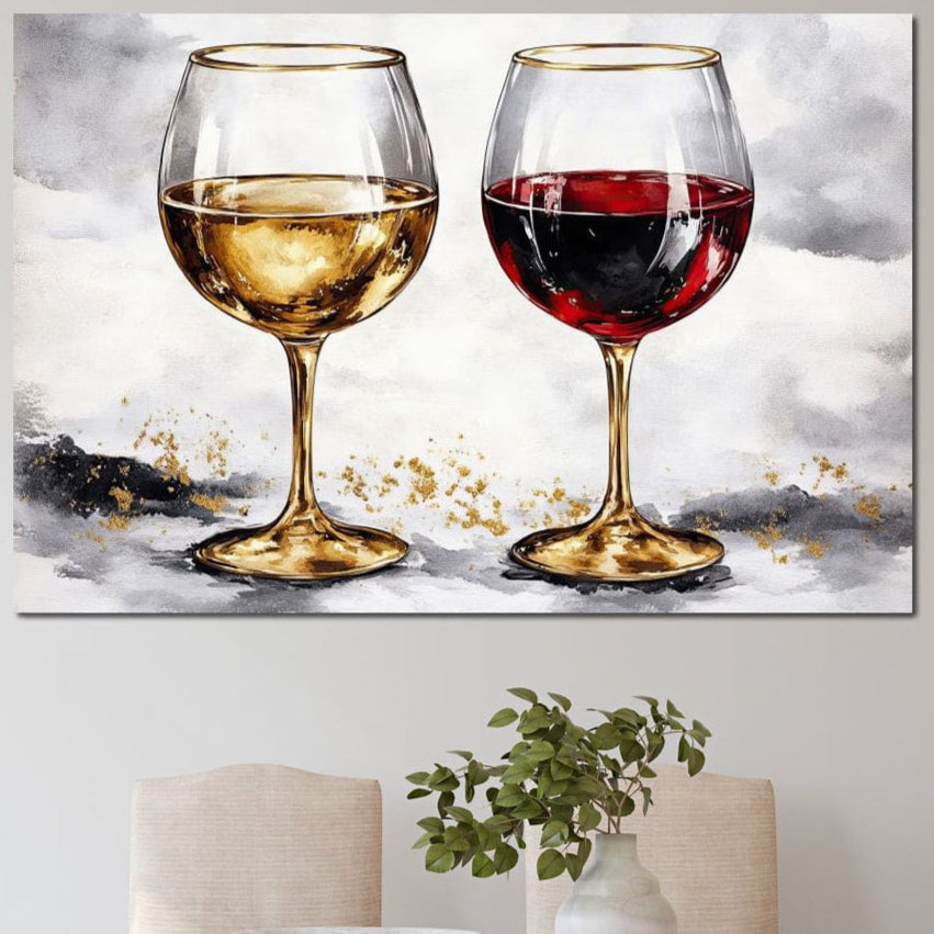 tablou canvas cu un pahar cu vin rosu si un pahar cu vin alb, decorate cu accente aurii pe fundal deschis