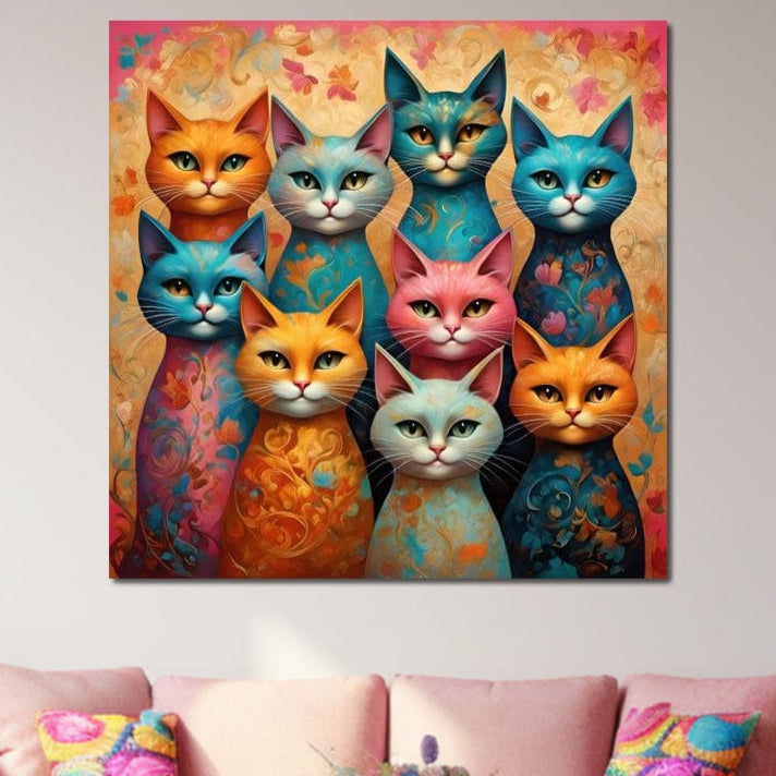 tablou canvas cu un grup de pisici colorate, stilizate pe fundal floral pastelat