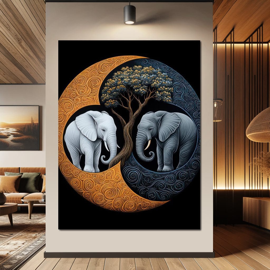 Tablou Canvas Premium, LuxCanva® M1317, Sub Copacul Vietii, Yin si Yang, Elefanti, Echilibru, Zen, Copac, Intelepciune, Conexiune, Meditatie, Natura, Abstract, Birou, Living, Camera Copil