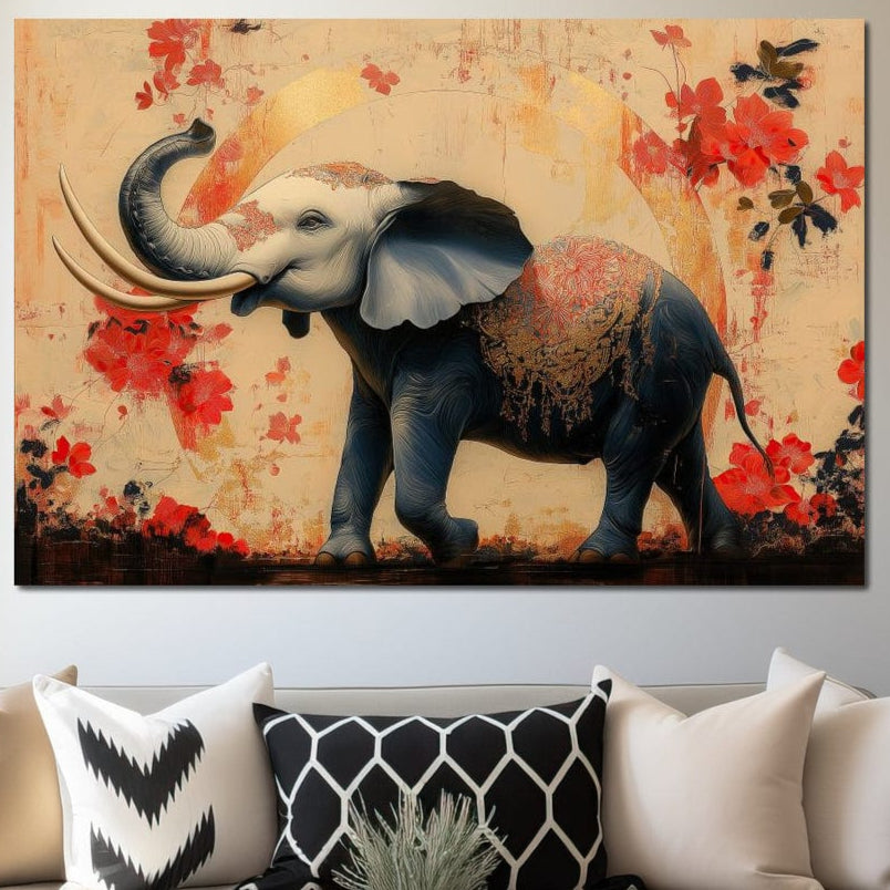 tablou canvas cu un elefant elegant, pictat in tonuri de negru si gri cu accente aurii, pe fundal cald bej-auriu in stil oriental