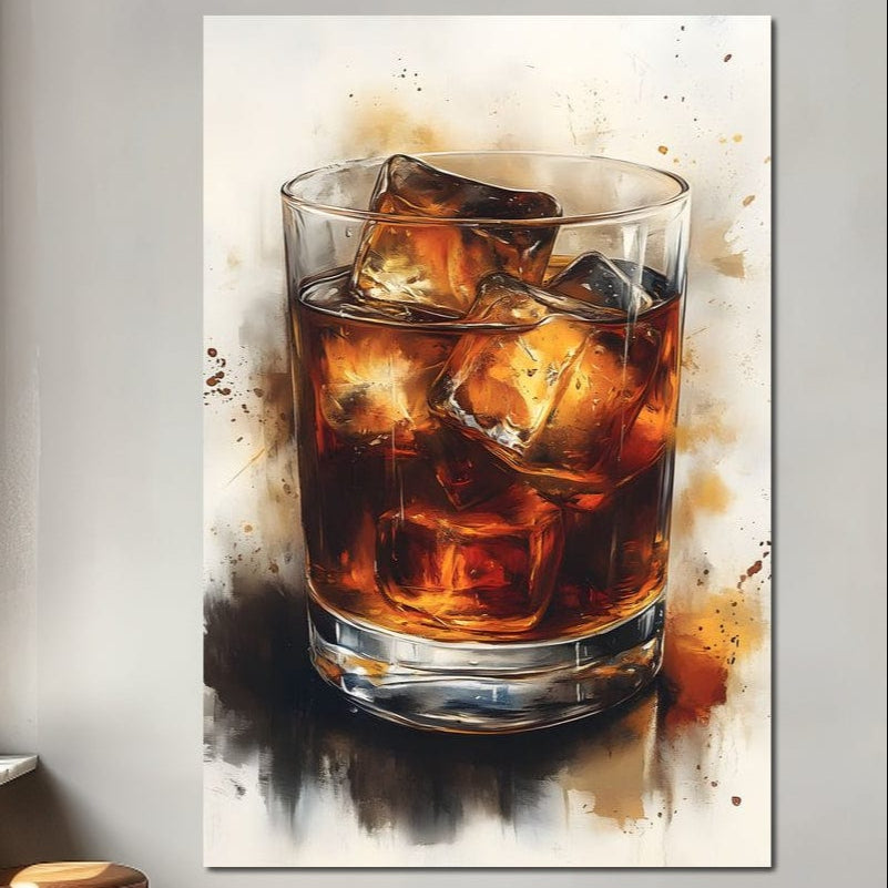 tablou canvas cu un pahar de whiskey cu gheata, pictat in nuante calde pe fundal deschis