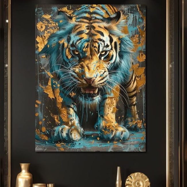 tablou canvas cu un tigru fioros pictat in nuante calde, pe fundal abstract cu accente aurii si albastru-turcoaz