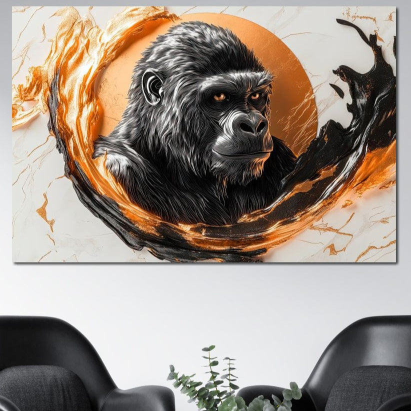 tablou canvas cu o gorila redata artistic intr-un foc lichid portocaliu si negru, in stil marmura